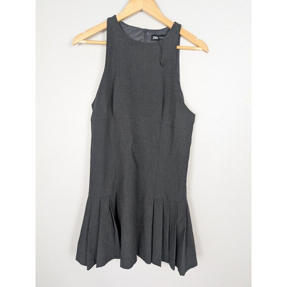 NWOT Zara Sz XL Gray Box Pleated Mini Dress Preppy Academia Zip Up 250 - Picture 1 of 8